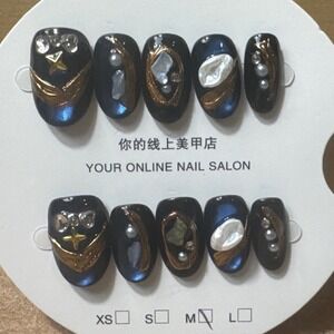 Press On Nails Celestial Navy Blue Gold Chrome Pearl Shell Size M 10pc